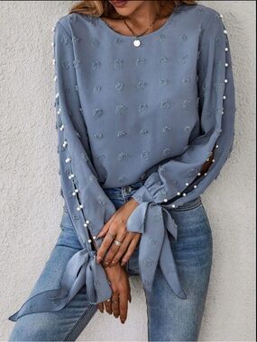Women's Dusty Blue Tie-Sleeve Blouse with Pearl Trim